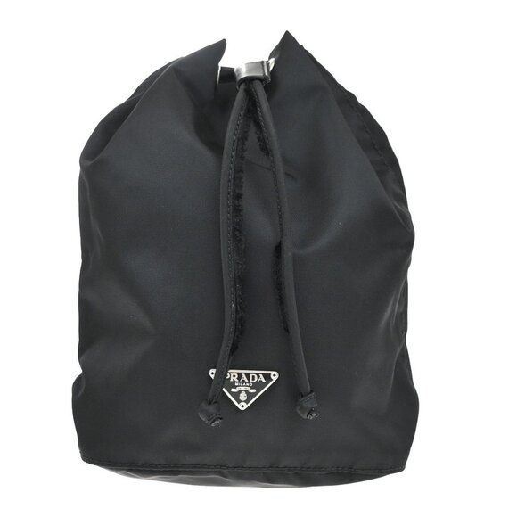 PRADA Logo Tessuto Drawstring Pouch Nylon Leather Black SHW Italy - Picture 1 of 14